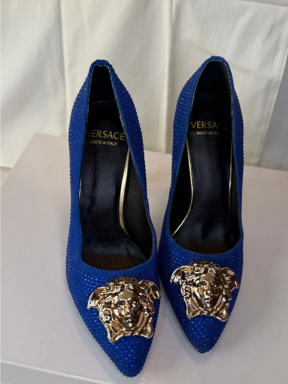 Versace Royal Blue Crystal Pointed-Toe Pumps with Gold Medusa